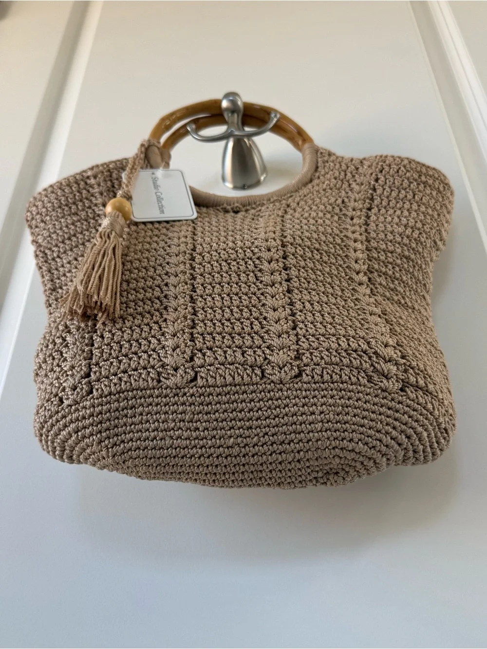 Studio Collection Crochet Tote in Beige with Bamboo Handles NWT